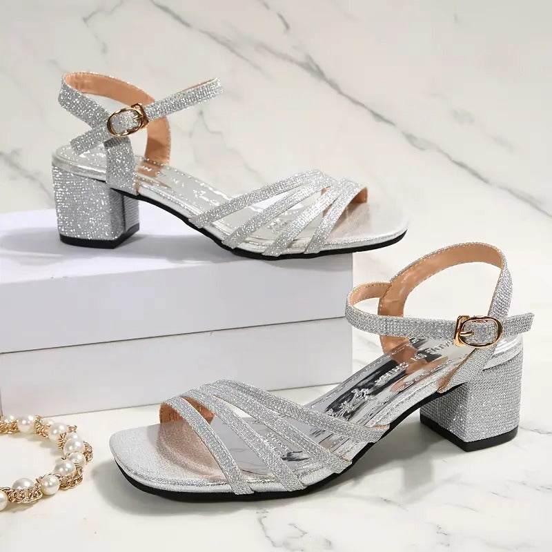 Sandalias Mujer Plateadas de Fiesta con Brillo