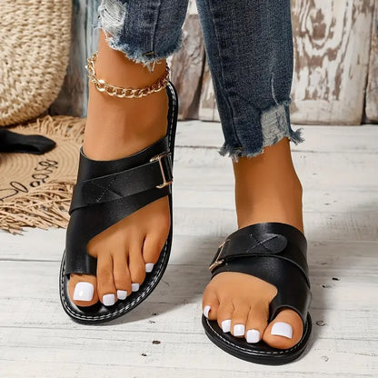 Sandalias Mujer Cuero Negras Planas Clásicas