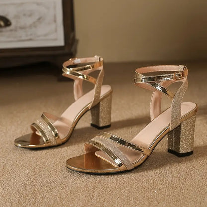 Sandalias Doradas Mujer Brillantes para Fiesta