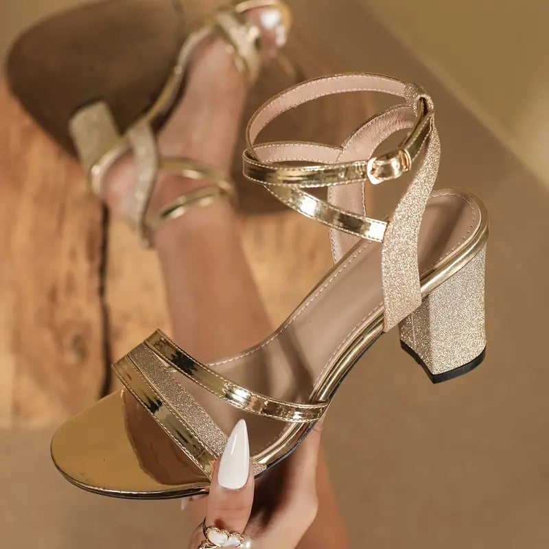 Sandalias Doradas Mujer Brillantes para Fiesta