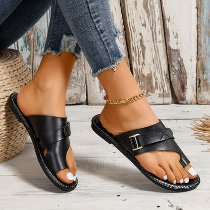 Sandalias Mujer Cuero Negras Planas Clásicas