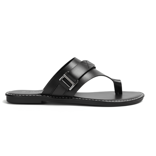 Sandalias Mujer Cuero Negras Planas Clásicas